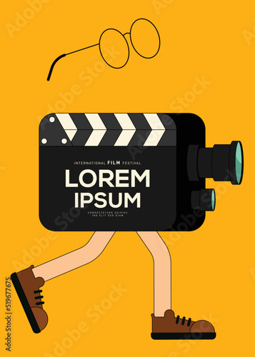 Movie poster design template background with cartoon character of film slate