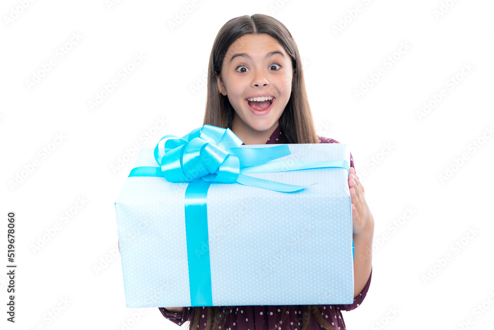 Cute teenager child girl congratulate with valentines day, giving romantic gift box. Present, greeting and gifting concept. Birthday holiday concept. Portrait of emotional amazed excited teen girl. Cute teenager child girl congratulate with valentines day, giving romantic gift box. Present, greeting and gifting concept. Birthday holiday concept. Portrait of emotional amazed excited teen girl.