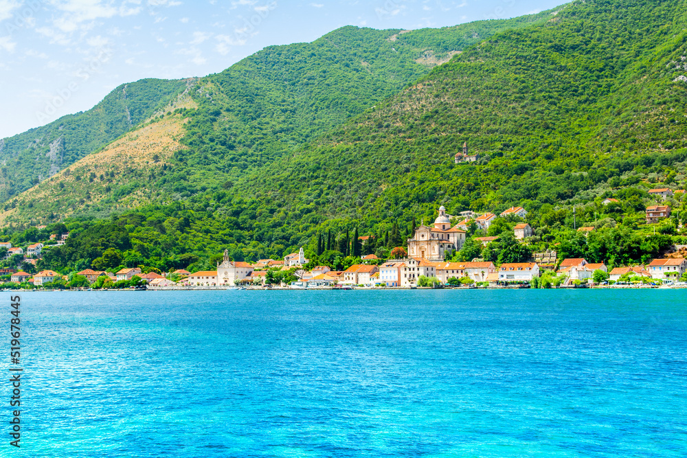 Panoramic landscape of the the historic town of Prcanj, Montenegro