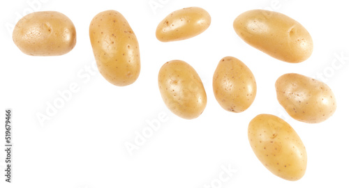 Potato isolated over white background with copy space for your text. Top view. Flat lay pattern. Potatoes in air, without shadow..