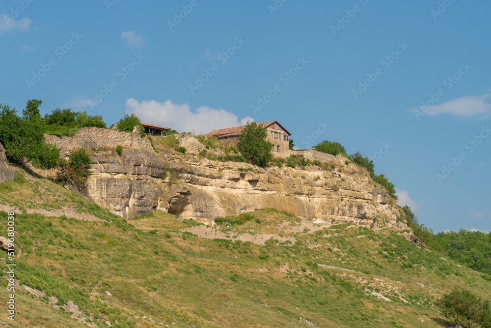 Ancient city road cave chufut bakhchisaray crimea medieval street monument, concept sunny building in historic for travel chufut, autumn karaite. Town outdoors crimean,