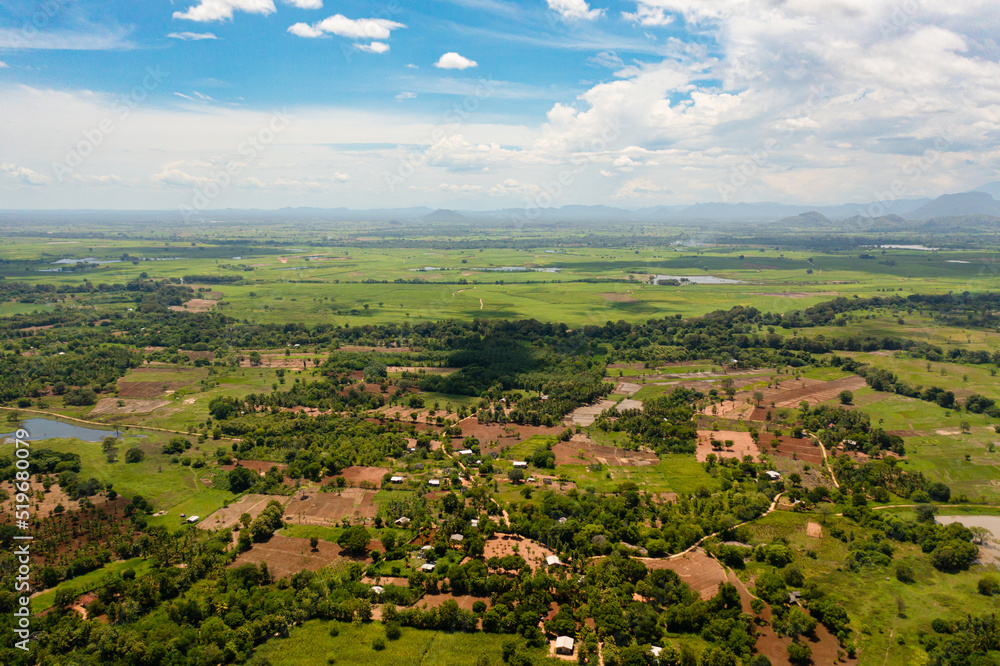 Aerial view of agricultural land and farm fields with crops in the valley. Rural landscape. Sri Lanka.