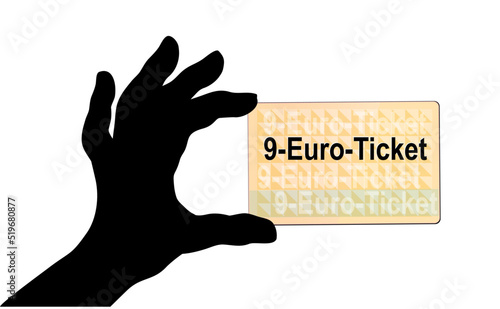 Hand Silhouette mit 9 Euro Ticket, Vektor Illustration isoliert auf weißem Hintergrund 