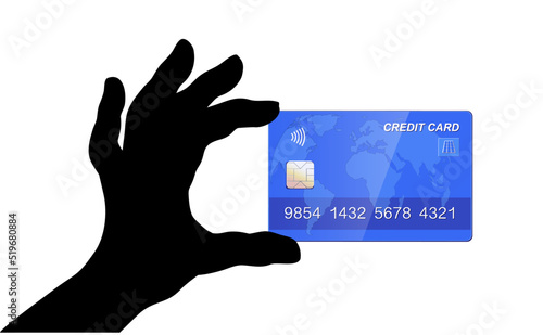 Hand Silhouette mit blaue Kreditkarte, 
Vektor Illustration isoliert auf weißem Hintergrund
