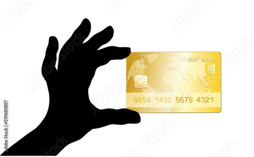 Hand Silhouette mit goldene Kreditkarte, 
Vektor Illustration isoliert auf weißem Hintergrund
