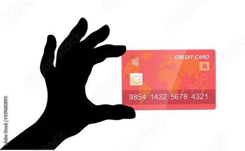 Hand Silhouette mit rote Kreditkarte, 
Vektor Illustration isoliert auf weißem Hintergrund
