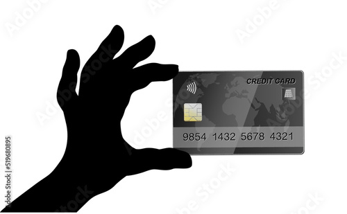 Hand Silhouette mit schwarze Kreditkarte, 
Vektor Illustration isoliert auf weißem Hintergrund
