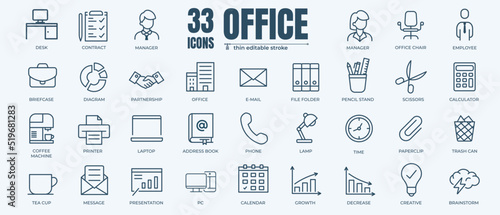 Simple Set of Office, Business and Management Related Vector Line Icons. Contains thin Icons as Manager, Employee, Office supplies and more. Editable Stroke. 48x48 Pixel Perfect