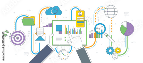 Businessman hand holding tablet with business graph data. Finance and business icon set.
