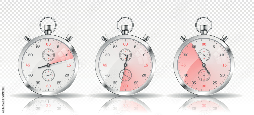 Naklejka premium Set of Classic stopwatch. Sparkly metal device, time counter with dial. Clock on copy space. Red scale indicating interval. Realistic 3D vector illustration isolated on transparent background