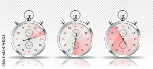 Set of Classic stopwatch. Sparkly metal device, time counter with dial. Clock on copy space. Red scale indicating interval. Realistic 3D vector illustration isolated on transparent background