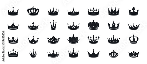 Set of black crowns. Jewels and treasures, symbol of power and superiority. Accessories of queen and king. Design elements for logo. Cartoon flat vector collection isolated on white background