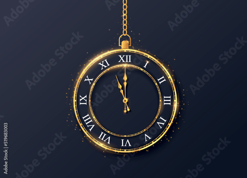 Realistic golden clock. Vintage or retro clock with glitter and ancient numbers hanging on chain. Magic or fourth dimension. Design element for site. 3d vector illustration on black background