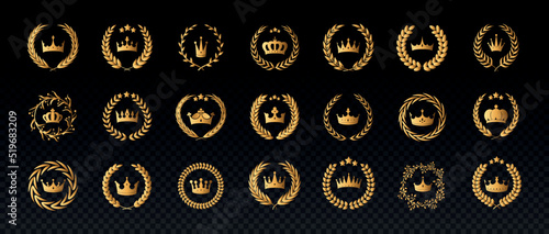 Set of golden laurel or olive wreaths. Elegant branches with royal crowns or tiaras. Award or prize for achievement. Copy space. Realistic 3D vector collection isolated on transparent background