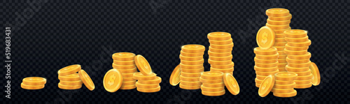 Set of realistic golden coins pile. Different Stacks of gold money, cash or treasure. Bank and finance. Investment, profit or gain. Copy space. 3d vector collection isolated on transparent background