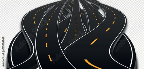 Set of realistic interlocking roads. Asphalt highway, intersections or directions for movement of cars. Design element for city map. Copy space. Cartoon flat vector collection isolated on transparent