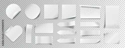 Set of white paper stickers. Adhesive leaflets with curled corners or shady edges. Square, round and heart shaped. Copy space. Realistic 3D vector collection isolated on transparent background