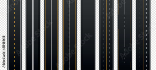 Set of road markings. Vertical asphalt highways with dotted or solid lines. View from above. Copy space. Streets of modern city. Realistic 3D vector collection isolated on transparent background