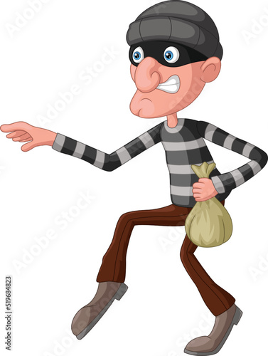 Cute thief cartoon carrying a bag of money