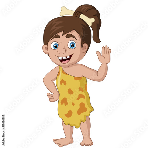 Cute cave girl cartoon waving hand