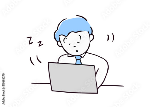 パソコンのっ前で居眠りをする男性社員