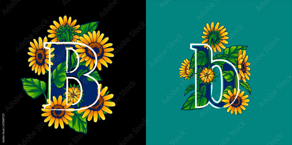 Summer Themed Letter B Illustration with Sunflower Hand Drawn