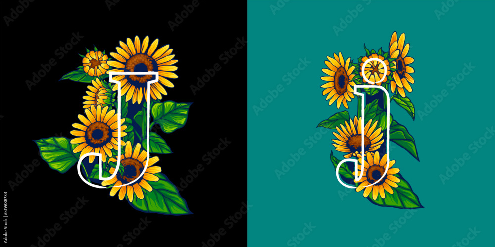 Summer Themed Letter J Illustration with Sunflower Hand Drawn