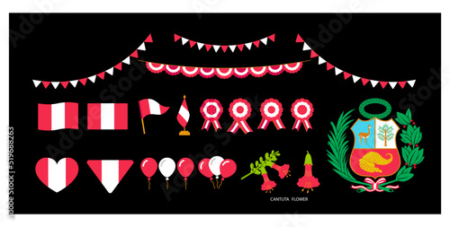 vectores de fiestas patrias Perú, felices fiestas patrias, banderas peruanas, escarapela peruana, flor de la Cantuta y escudo nacional photo