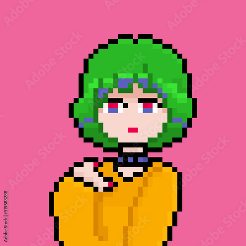 Pixel anime girl with bright green hair, yellow hoodie