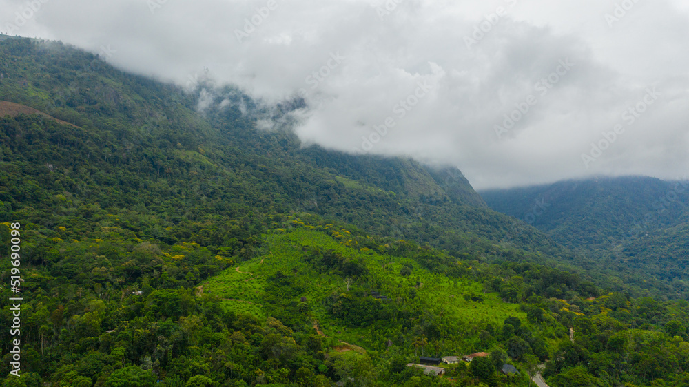 Top view of Mountain slopes with rainforest and agricultural land of farmers. Sri Lanka.