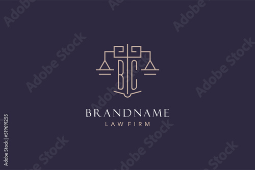 Initial letter BC logo with scale of justice logo design, luxury legal logo geometric style