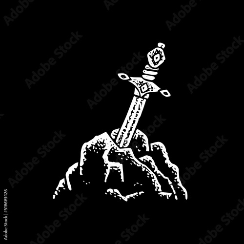 Sword in Stone Black Dotwork. Vector Illustration of Hand Drawn Objects.