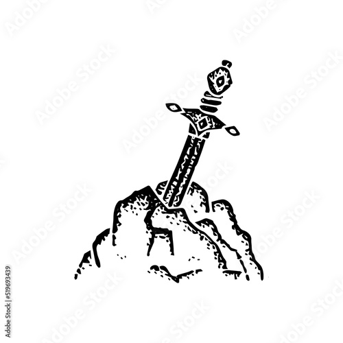 Sword in Stone Dotwork. Vector Illustration of Hand Drawn Objects.