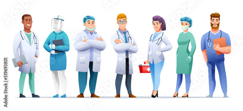 Medical doctors and nurses cartoon character set