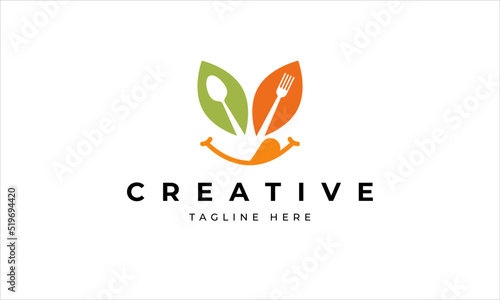 Food logo with smile. Label for food company. Grocery store logo. Vector illustration with smiling mouth.
