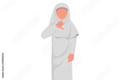 Business flat drawing unhappy Arab businesswoman showing thumbs down sign gesture. Dislike or disagree with business innovation. Disappointment, disapprove, no deal. Cartoon design vector illustration