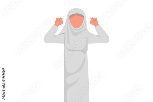 Business flat cartoon style drawing happy Arabian businesswoman with gestures two hand fist up. Strong office worker chasing deadline work. Pursuit achievement goal. Graphic design vector illustration