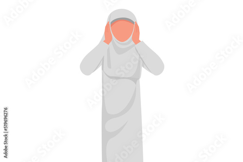 Business flat cartoon style drawing Arab businesswoman covering or closing her ears with hands, don't hear or listen gesture. Person who hate loud sound or music. Graphic design vector illustration