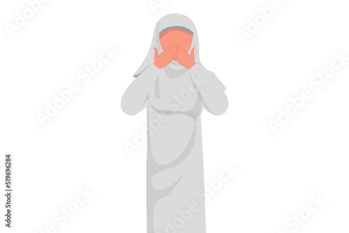 Business flat cartoon style drawing silent Arabian businesswoman covering mouth with hands. Hand gesture with shame for mistake, fear, scared in silence, top secret. Graphic design vector illustration