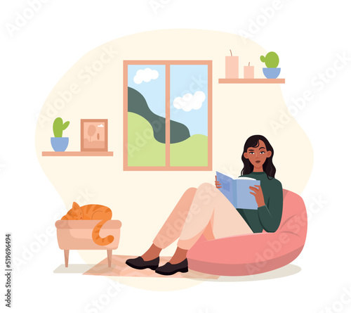 Person reading book. Woman with book sits on pouf in apartment. Useful hobbies, education and self development. Distance learning, love of literature concept. Cartoon flat vector illustration