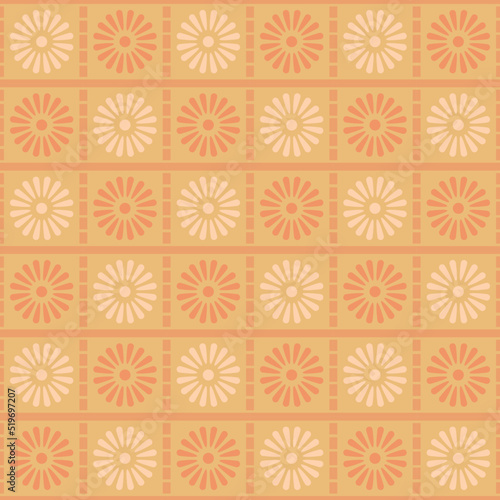 Japanese Circle Flower Checkered Vector Seamless Pattern