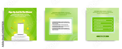 Social media post banner template layout in glassmorphism style. Quiz, challenge, gift, lottery, giveaway concept, smart phone prize on podium platform
