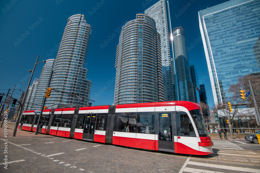 Toronto red bus and the transportation system at Ontario, Canada