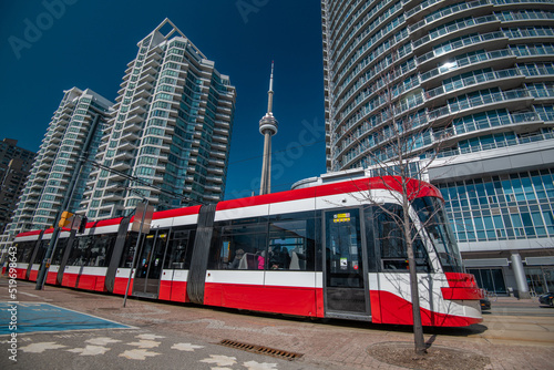 Toronto red bus and the transportation system at Ontario, Canada
