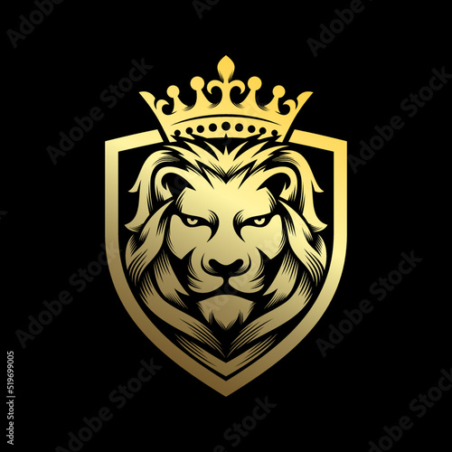Royal king lion crown symbols. Elegant gold Leo animal logo. Premium luxury brand identity icon. Vector illustration.