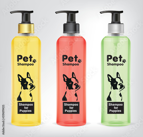Cosmetic for pets. Shampoo and spray for dog and puppy.illustration vector