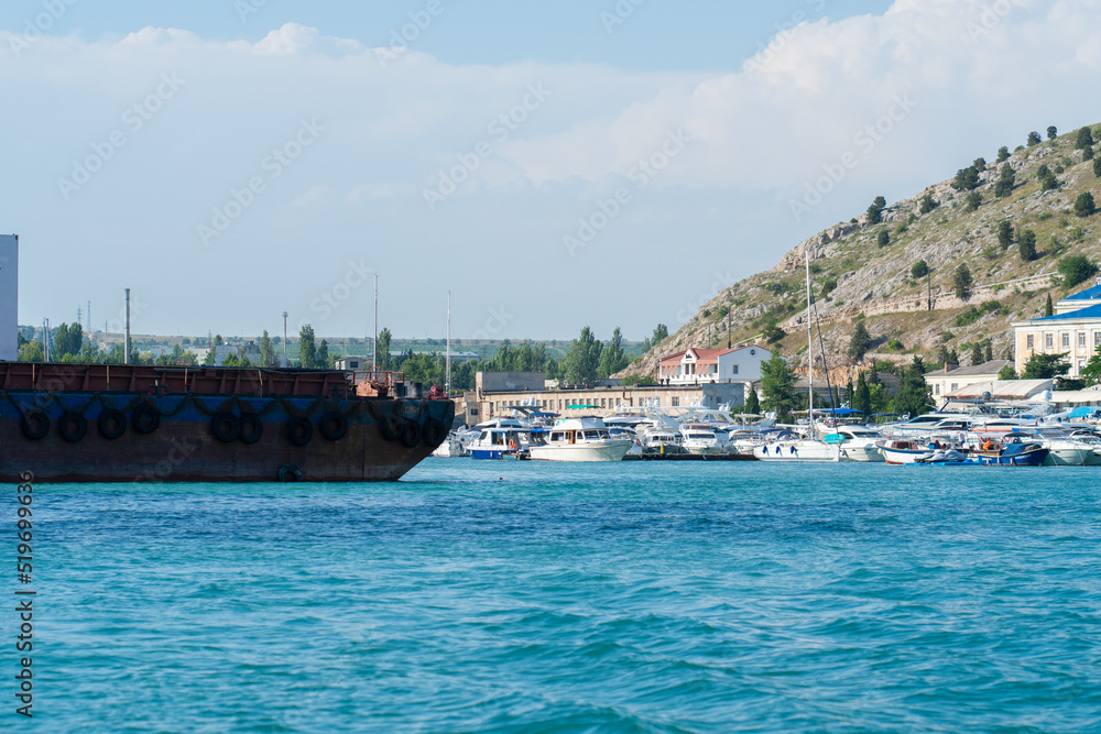 Balaklava crimea sevastopol port russia ship water vessel transportation navy, for naval coast in transport from security ea, seaport waterfront. Russian weapon trade,