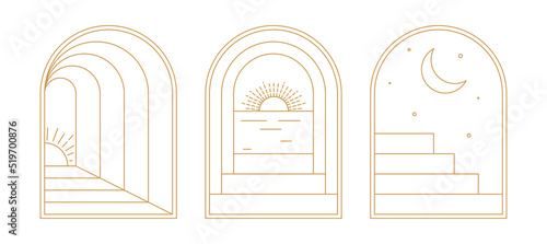 Abstract windows set. Collection of minimalistic images of arches in boho style. Mysticism and esotericism, witchcraft and sorcery. Cartoon flat vector illustrations isolated on white background