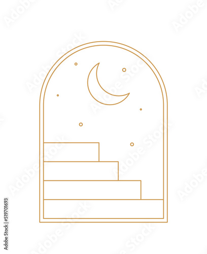 Abstract boho window. Night sky with stars and moon. Mysticism, esotericism and witchcraft. Fantasy and imagination. minimalist tattoo. Graphic element for website. Cartoon flat vector illustration