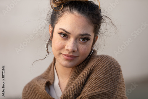 Young Filipino American woman smiling intimate portrait _0162